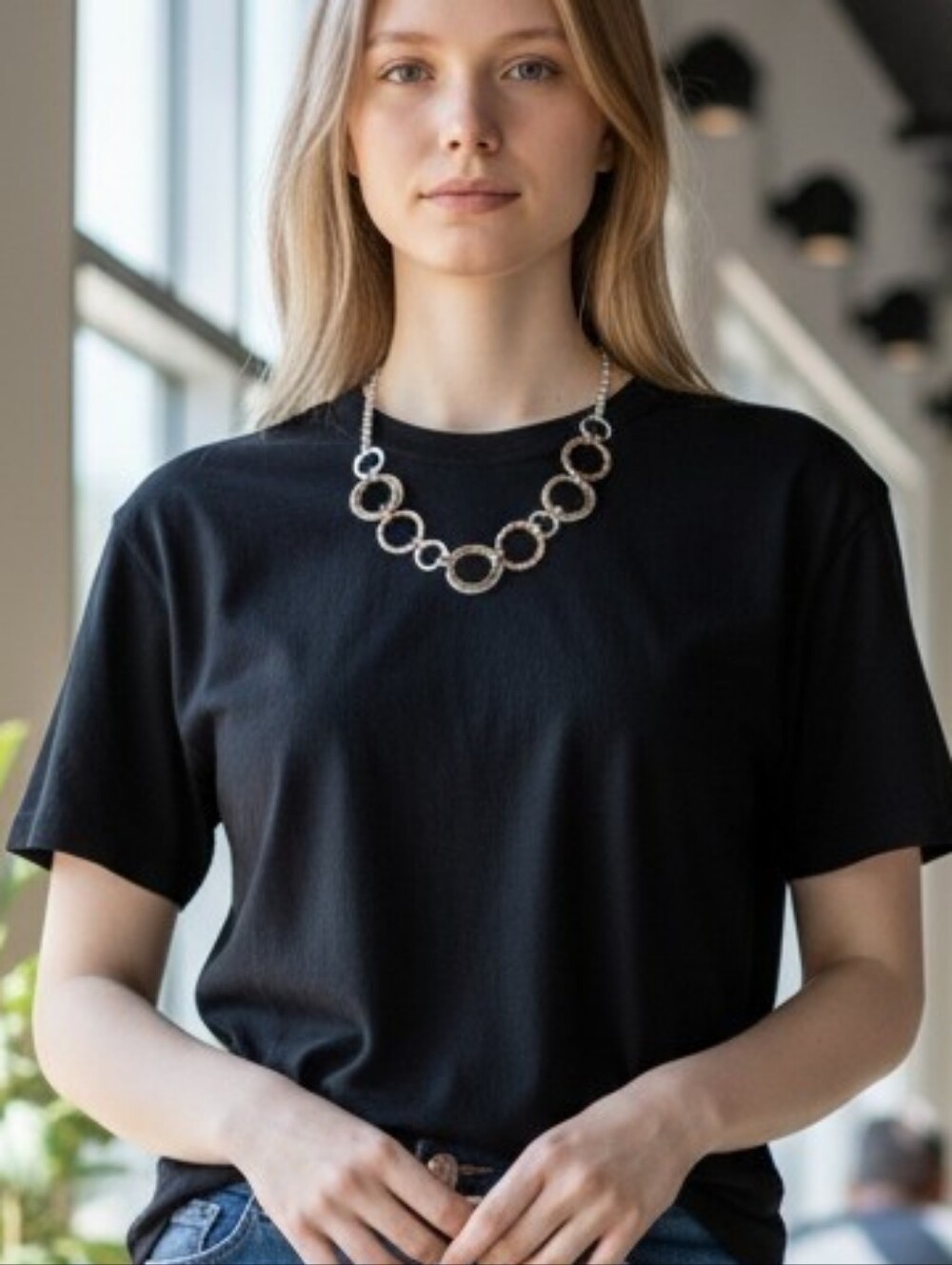 Tri-Tone Linked Circle Necklace - Women Jewelry